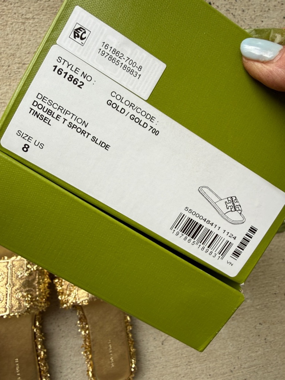 NIB Tory Burch Double T Sport Slides Tinsel Gold Size 8 (NEW!) - Picture 2 of 7